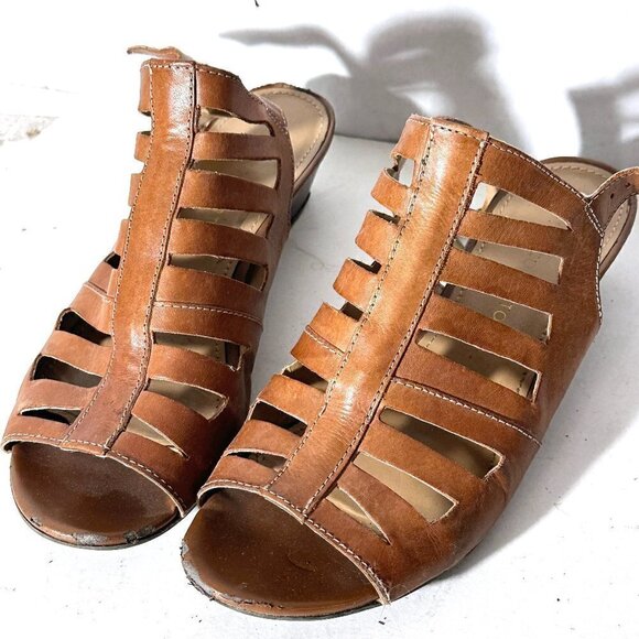 Franco Sarto Size 8 Sandal Shoes Tan Leather Gladiator Wedge EUC - Picture 1 of 10